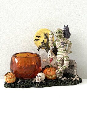 Spooky Halloween Graveyard Votive Candle Holder Mummy Orange Glass Pumpkin Cup